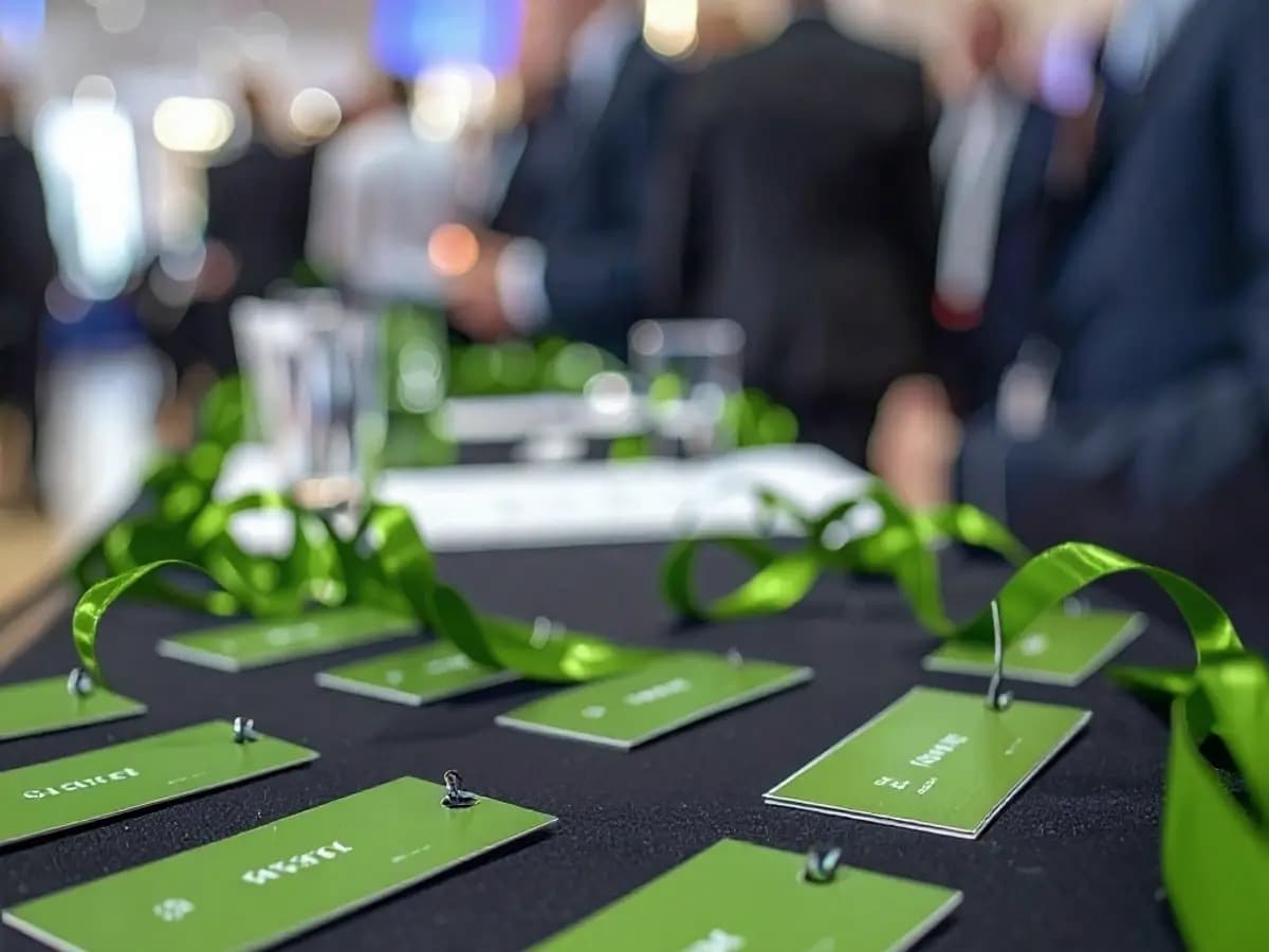 Tarjetas verdes con cinta, listas sobre la mesa de acreditación